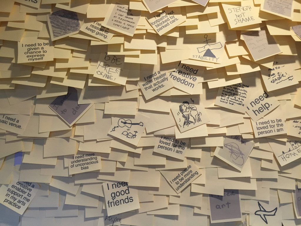 Hundreds of yellow post-it notes with writing and images on them, each a 'reasonable and necessary' need from a contributor.